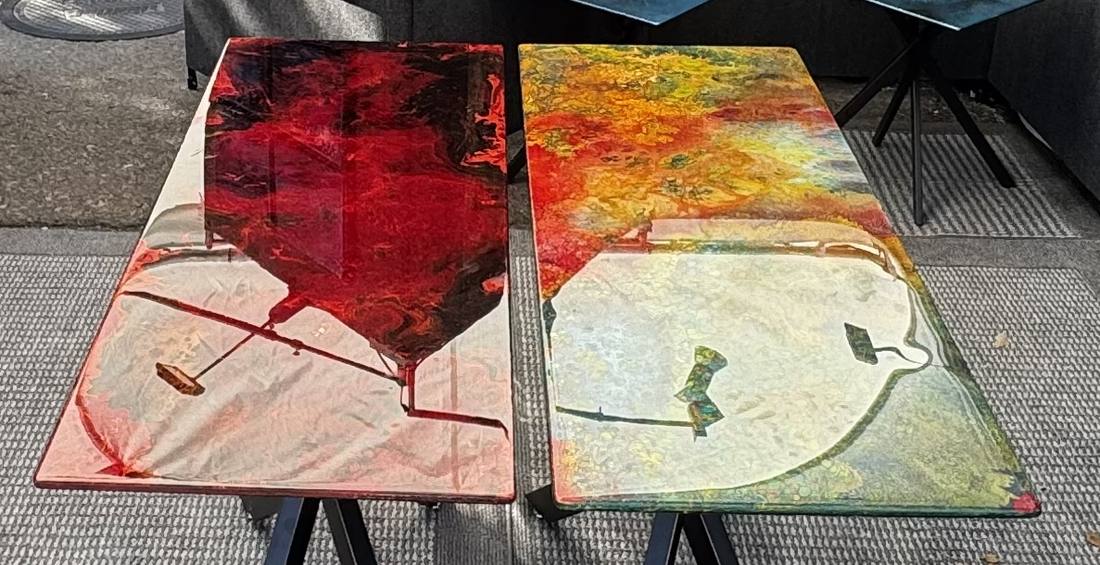 Painted glass side tables